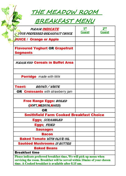 Breakfast Menu at Smithfield Farm B&B